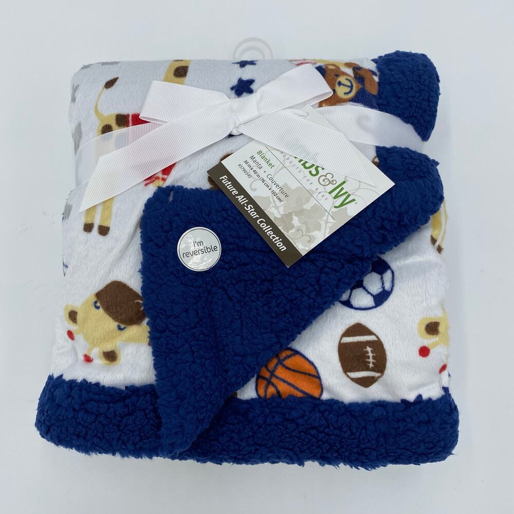 Lambs & Ivy Future All Star Collection Reversible Fleece Blanket NWT 30 x 40